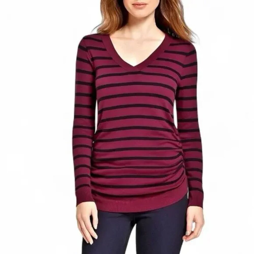 Lane Bryant Purple Black Long Sleeve Ruched Side V neck Sweater Top